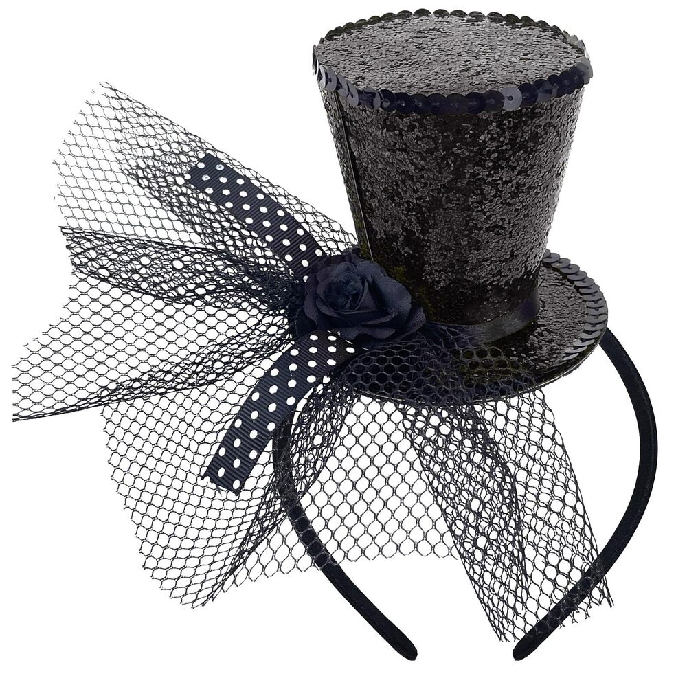 7145 Black Mini Top Hat Headband Fascinator Tea Party Headpiece
